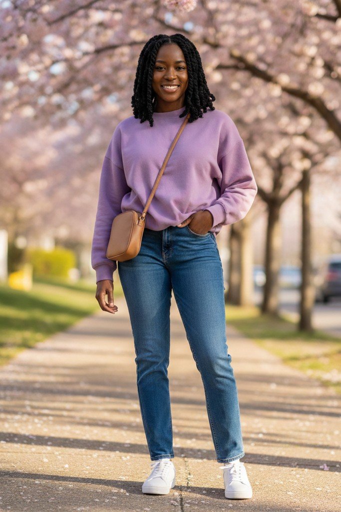 The Bright Sweatshirt + Classic Denim + White Sneakers