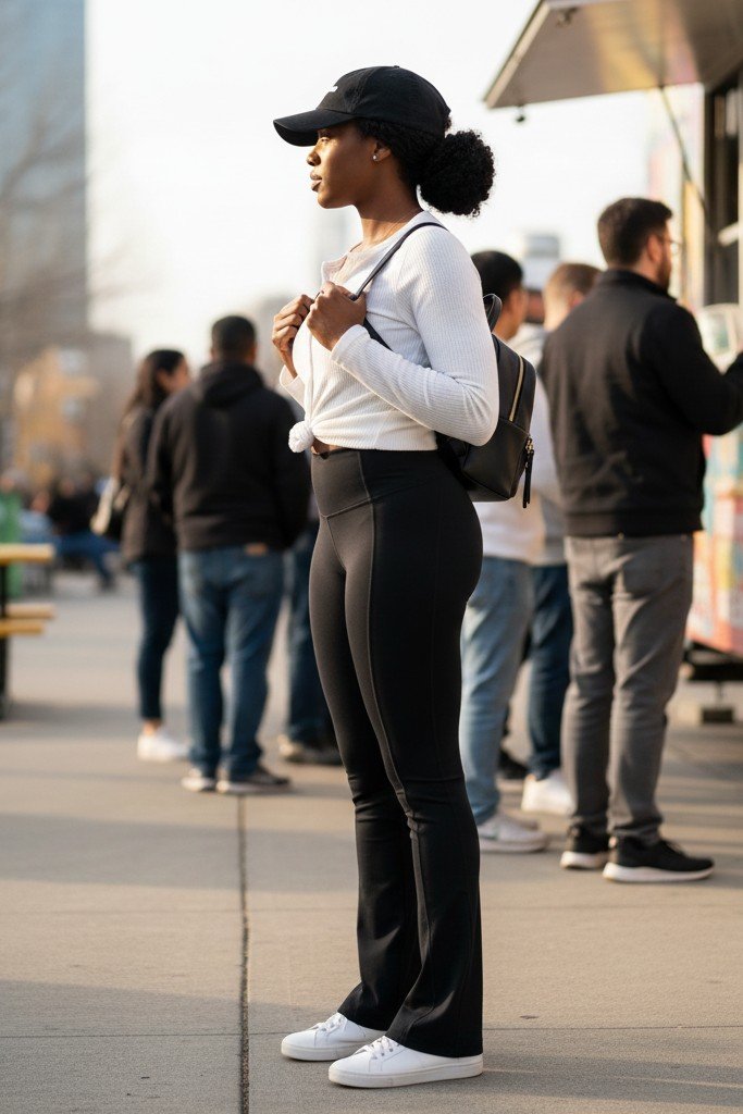 The Casual White Top + Black Flared Leggings + White Sneakers