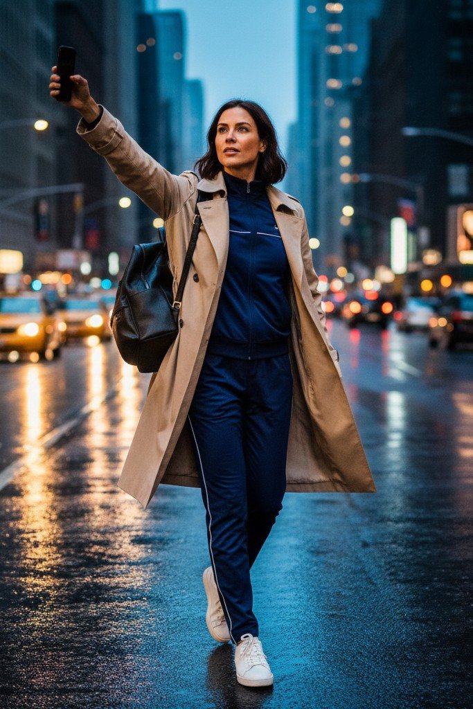 The Coordinated Track Set + Luxe Trench + White Sneakers