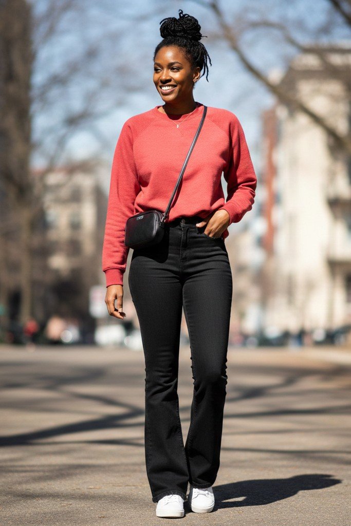 The Cozy Red Sweatshirt + Black Flared Jeans + White Sneakers