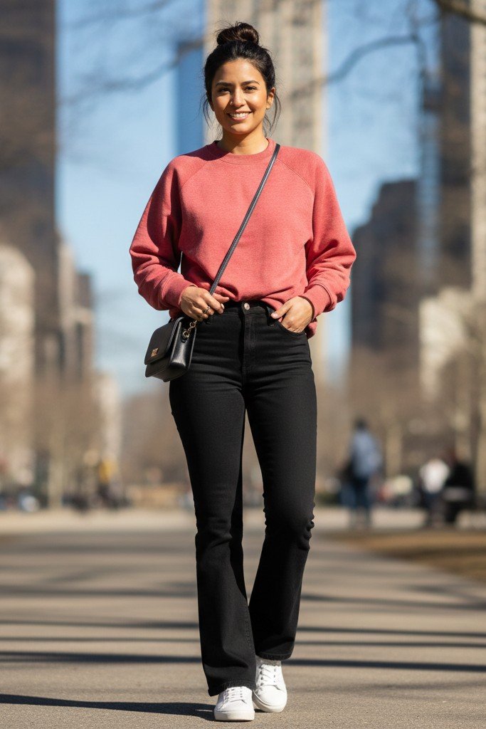 The Cozy Red Sweatshirt + Black Flared Jeans + White Sneakers