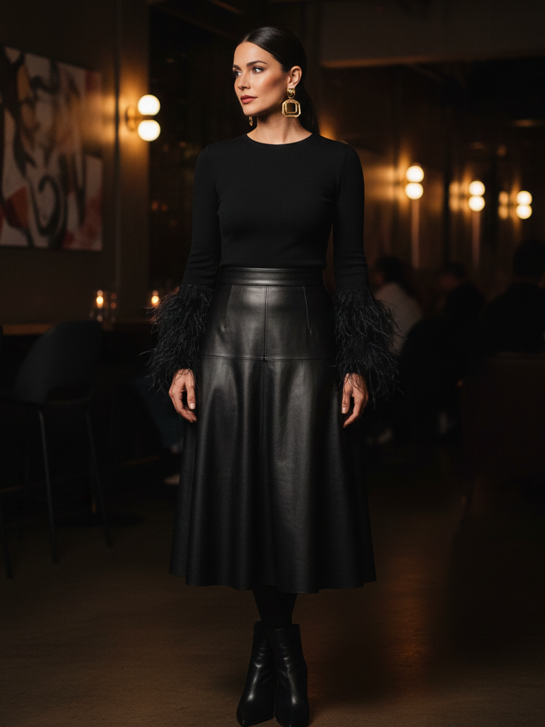 The Leather Midi Skirt & Feather Trim Top