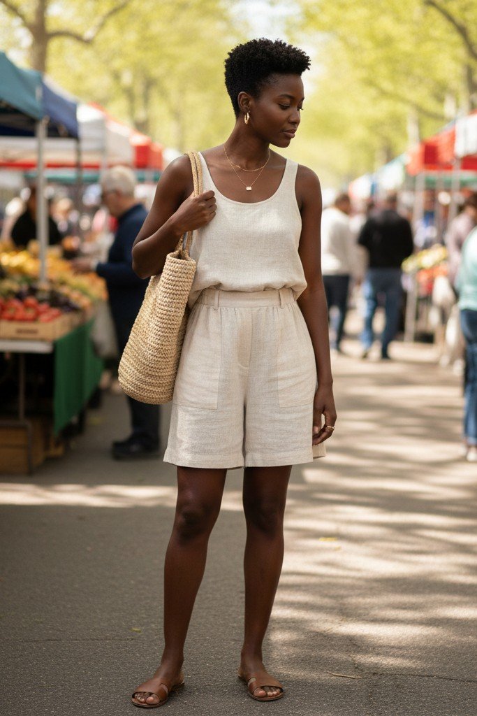 The Matching Linen Set + Slide Sandals