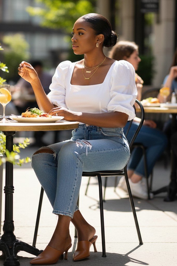 The Puff-Sleeve Blouse + Distressed Denim & Mules