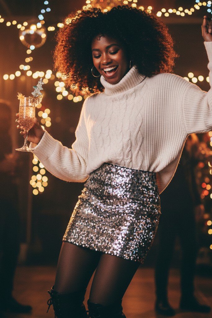 The Sequin Skirt + Chunky Knit & Ankle Boots