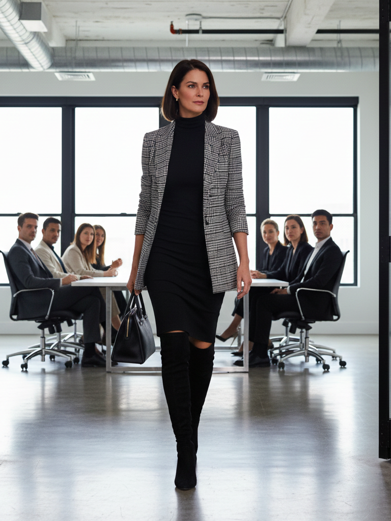 The Sleeveless Turtleneck Dress + Blazer + Over-the-Knee Boots