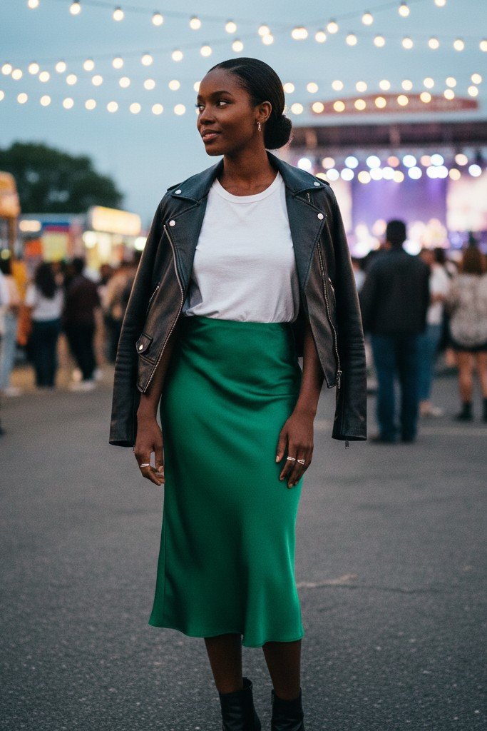 The Slip Skirt + Basic Tee + Leather Jacket