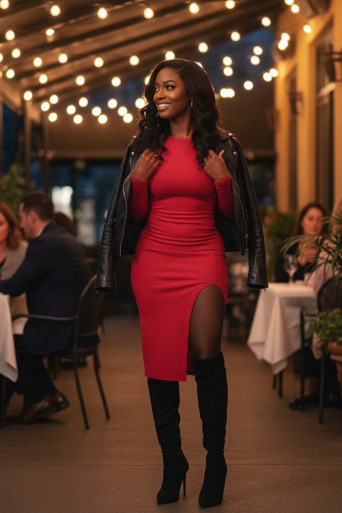 The Slit Dress + Leather Jacket & Heeled Boots