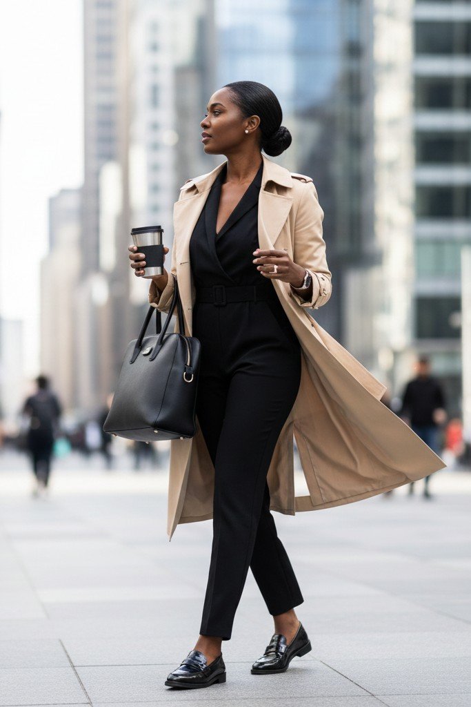 The Trench Coat + Jumpsuit + Loafers