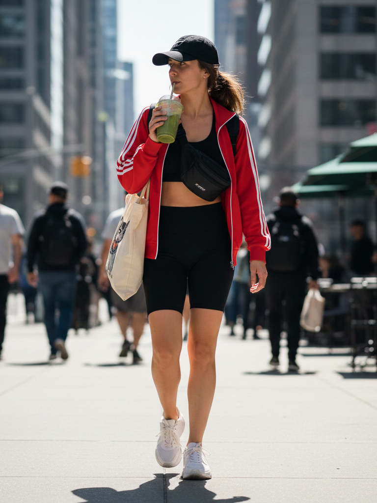 Track Jacket + Biker Shorts + White Sneakers