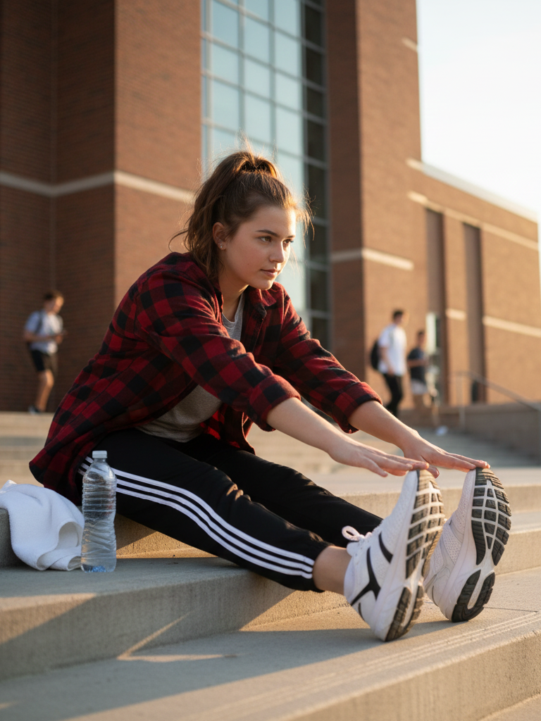 Track Pants + Sports Bra + Oversized Shirt + Sneakers