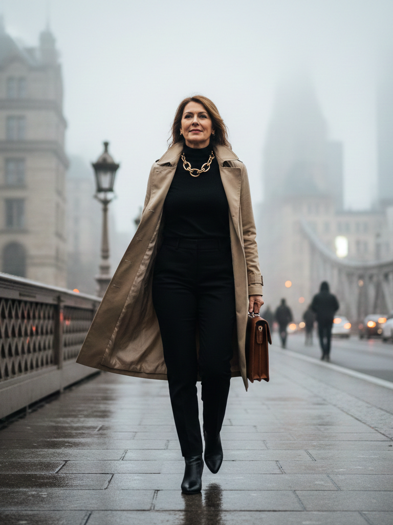 Trench Coat + All-Black + Statement Necklace