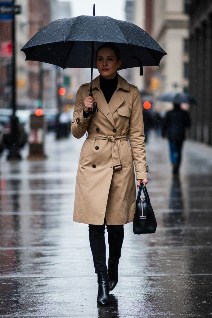 Trench Coat + Roll-Neck + Black Jeans + Ankle Boots