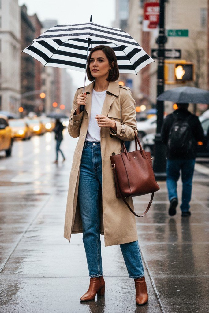 Trench Coat + Simple Top & Jeans + Ankle Boots
