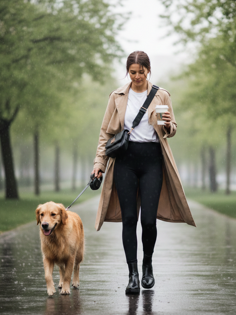 Trench Coat + Simple Top + Leggings + Boots