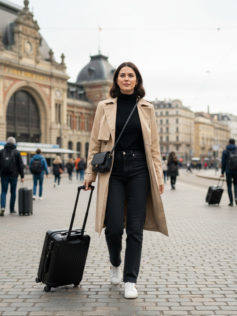 Trench Coat + Turtleneck + Jeans + Fashion Trainers