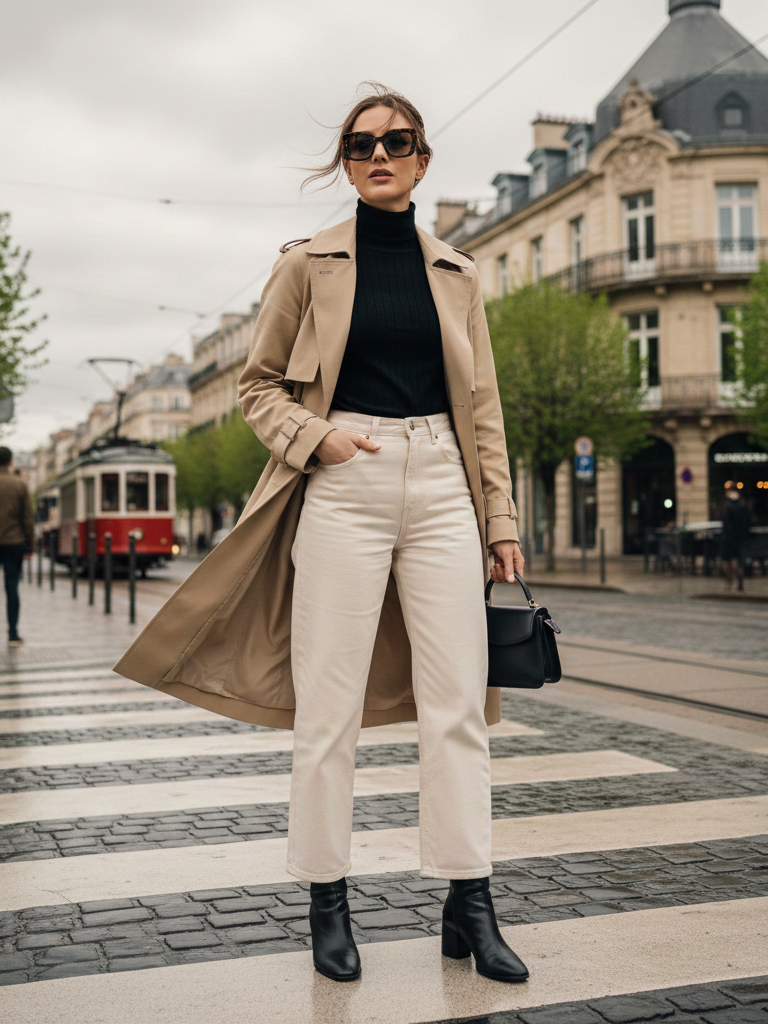 Trench Coat + Turtleneck + White Jeans + Heeled Ankle Boots