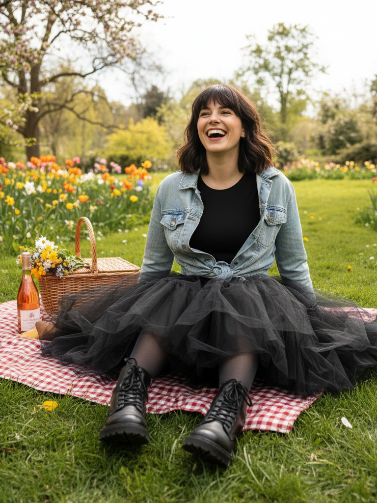 Tulle Midi Skirt + Fitted Sweater + Denim Jacket + Ankle Boots
