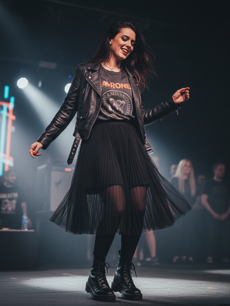 Tulle Skirt + Band Tee + Leather Jacket