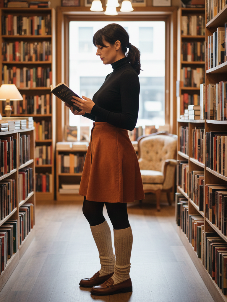 Turtleneck + Corduroy Skirt + Knee-High Socks + Loafers