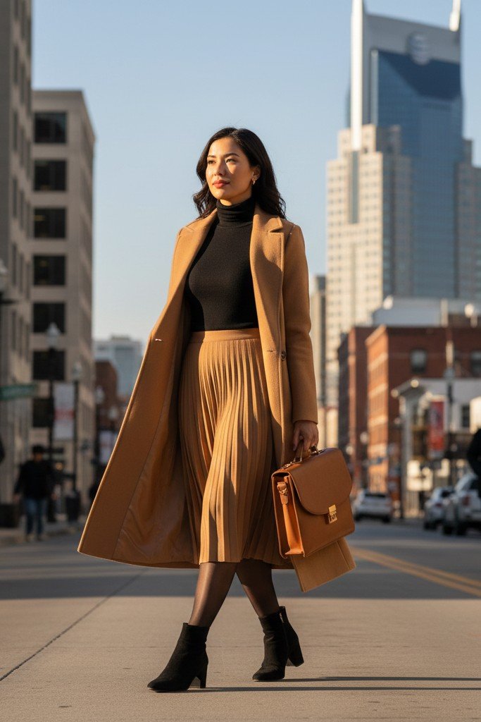 Turtleneck + Midi Skirt + Ankle Boots + Wool Coat