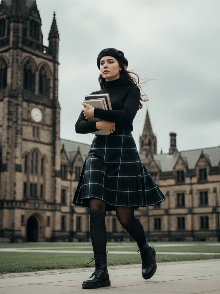 Turtleneck & Plaid Midi Skirt