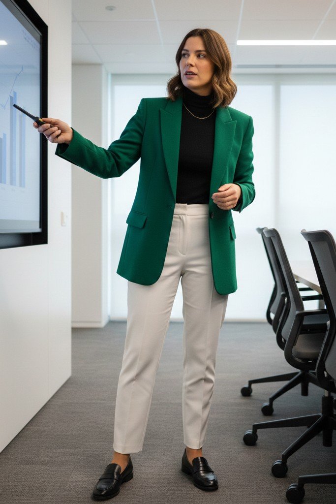 Turtleneck + Statement Blazer + White Jeans + Loafers