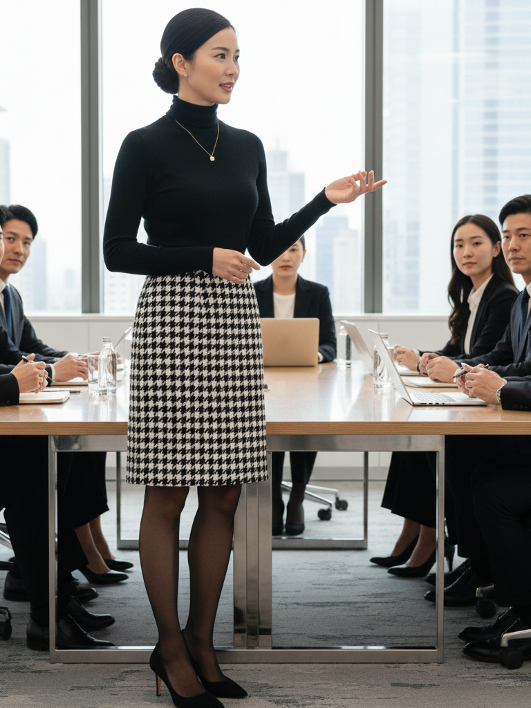 Tweed Pencil Skirt + Thin Turtleneck + Tights + Pumps