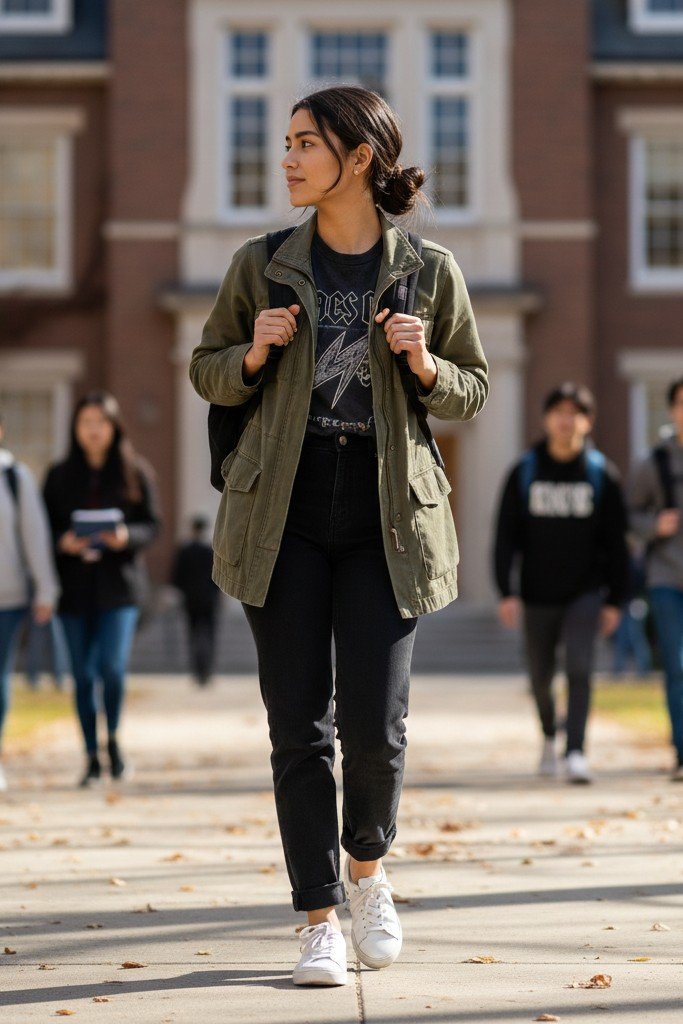 Utility Jacket + Graphic Tee + Black Straight-Leg Jeans