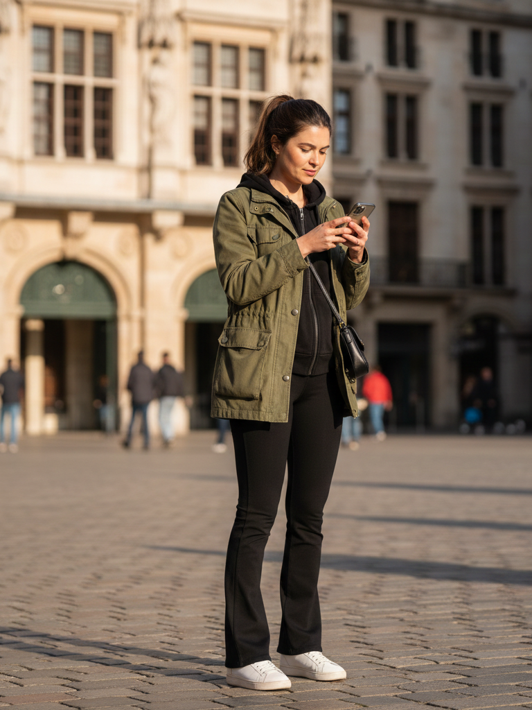 Utility Jacket + Hoodie + Flare Leggings + Classic Sneakers