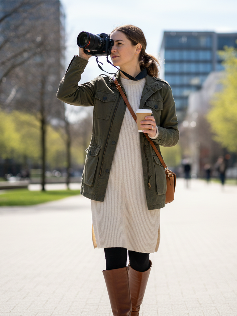 Utility Jacket + Sweater Dress + Leggings + Boots