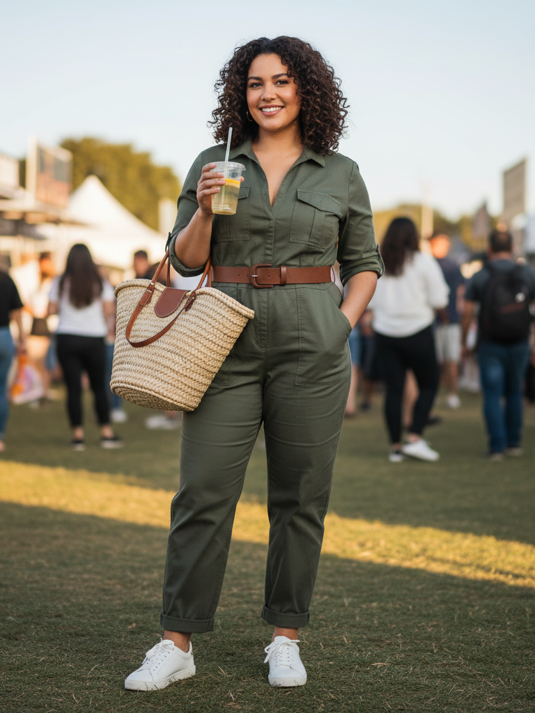Utility Jumpsuit + Belt + White Sneakers