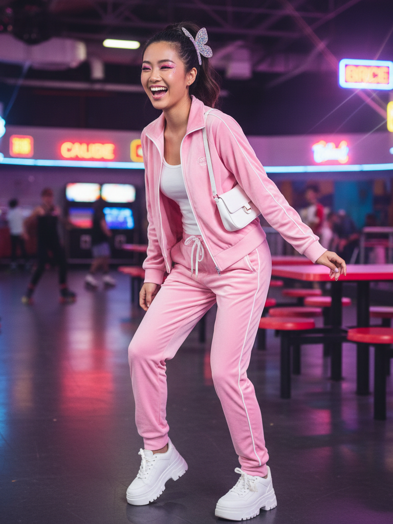 Velour Tracksuit + Platform Sneakers + Mini Bag