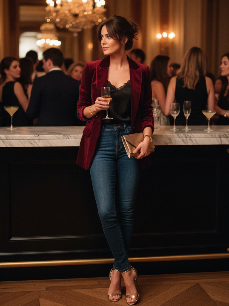 Velvet Blazer + Silk Camisole + Slim Jeans + Heels