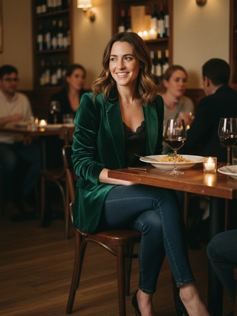 Velvet Blazer + Simple Top + Jeans + Heels
