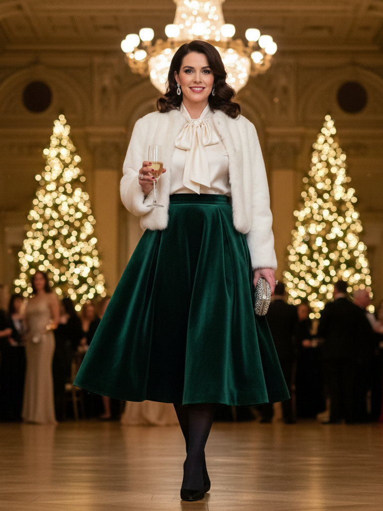 Velvet Midi Skirt + Silk Blouse + Faux Fur Jacket