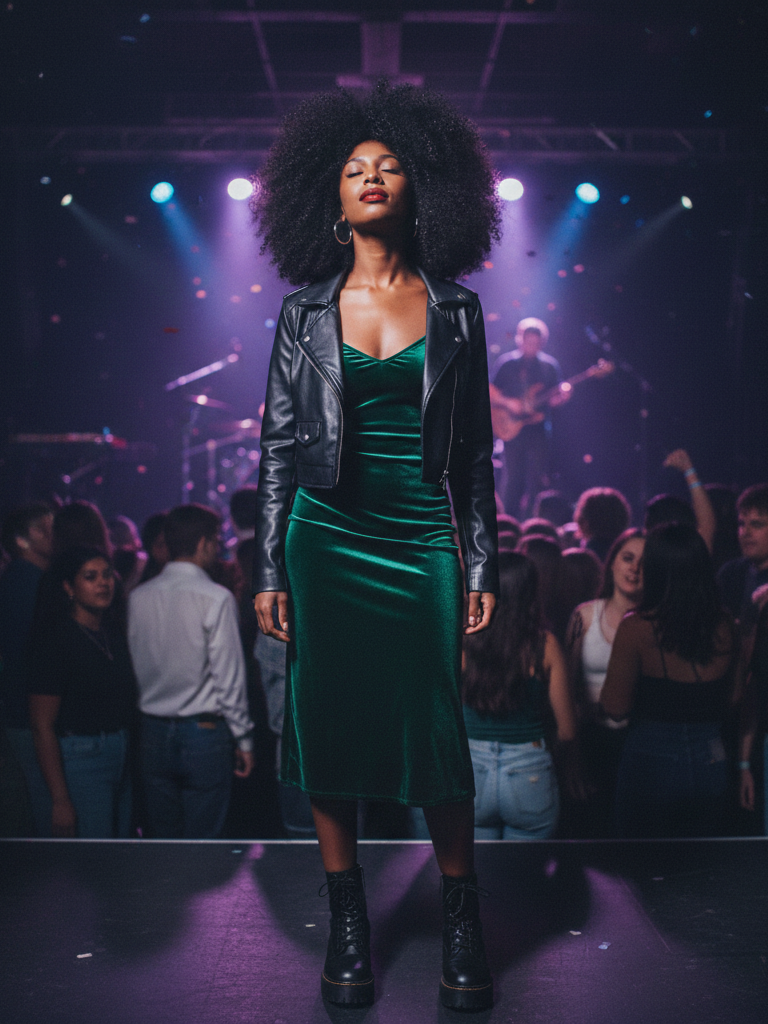Velvet Slip Dress + Chunky Boots + Leather Jacket