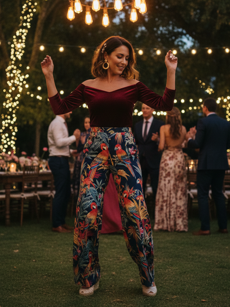 Velvet Top + Printed Palazzo Pants + Wedges