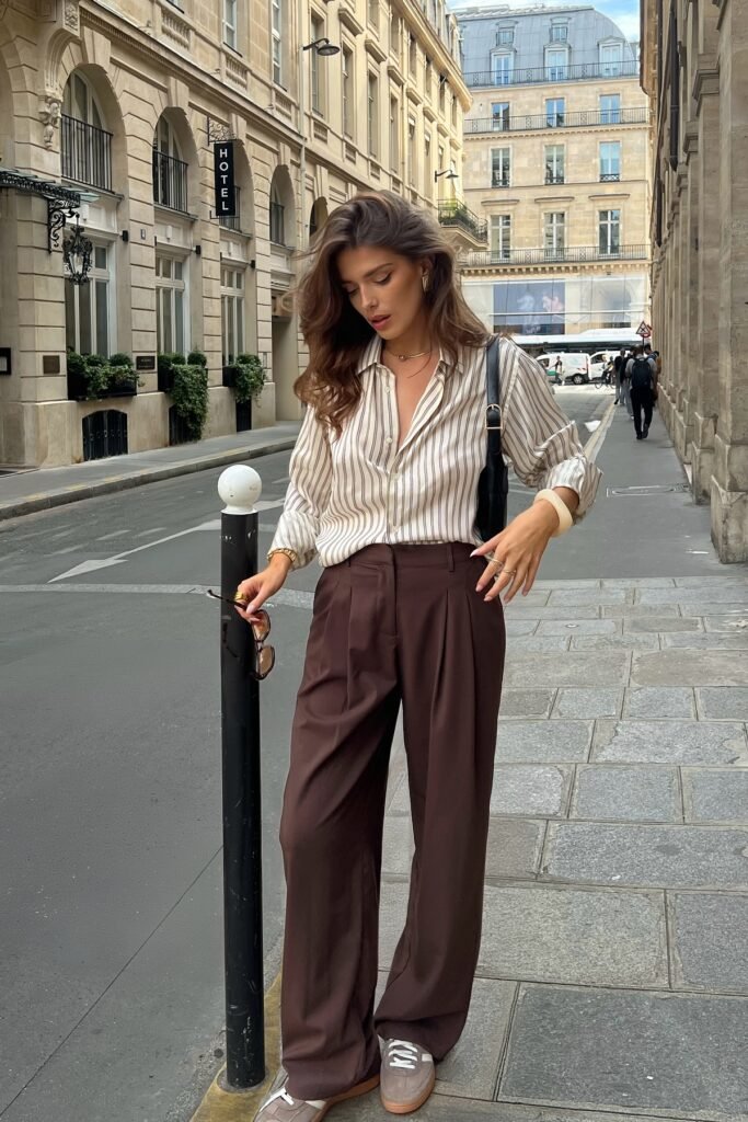Vertical Striped Button-Down + Brown Wide-Leg Trousers + Brown Sneakers