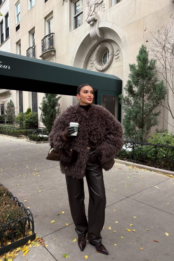 Voluminous Brown Faux Fur Coat + Brown Leather Trousers + Dark Brown Pointed Boots + Brown Suede Shoulder Bag