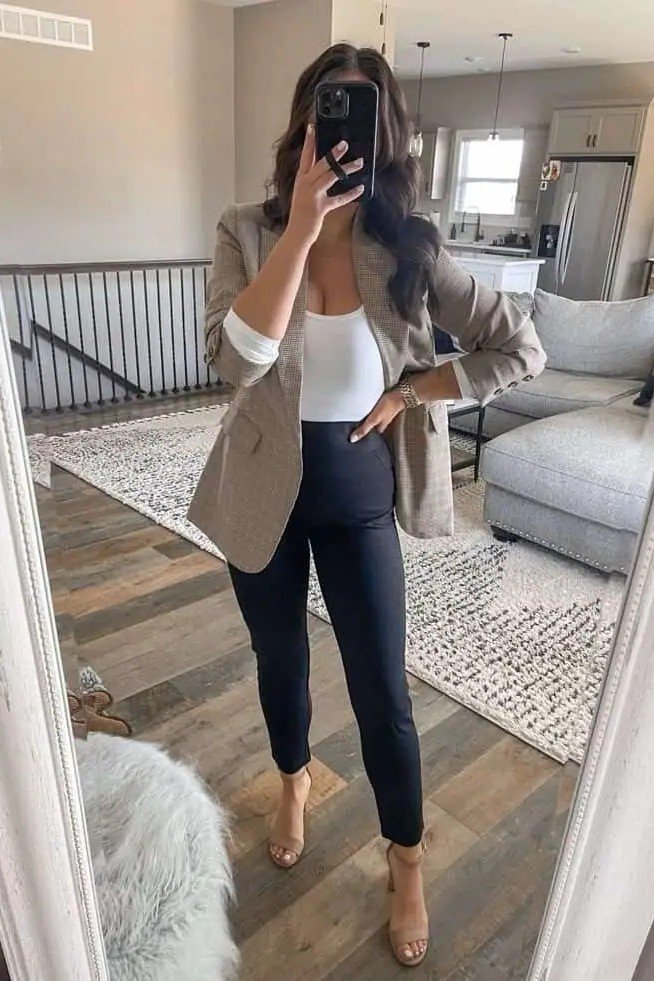 White Bodysuit + Tan Plaid Blazer + Black Skinny Trousers + Nude Heeled Sandals