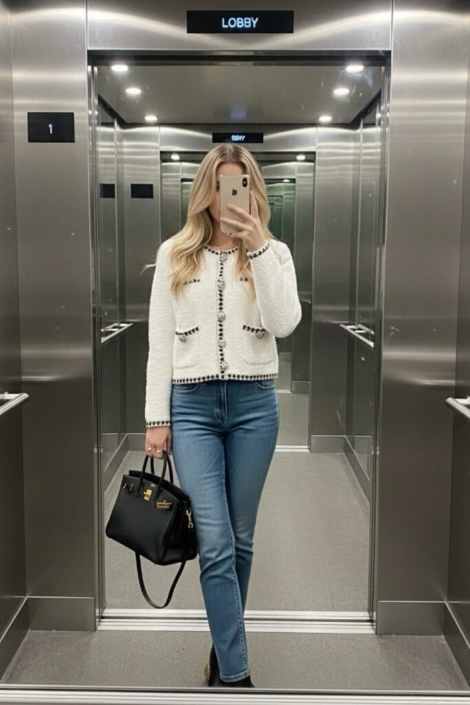 White Boucle Tweed Jacket + Blue Skinny/Straight Jeans + Black Heels/Boots