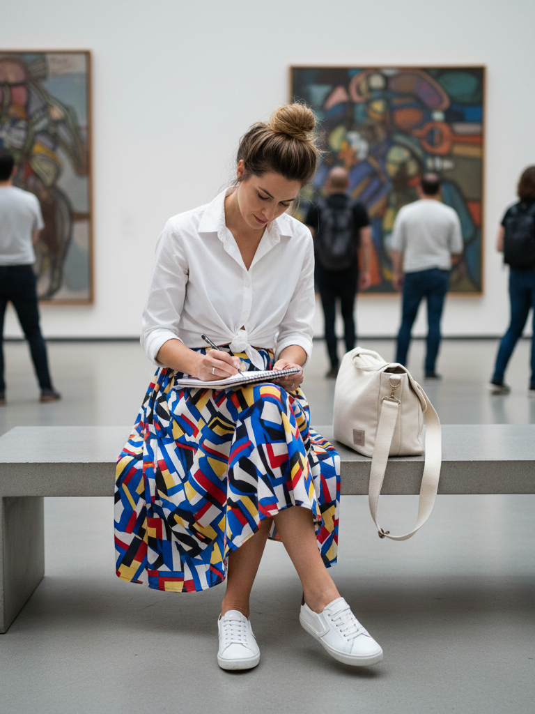 White Button-Down + Printed Skirt + Slip-Ons