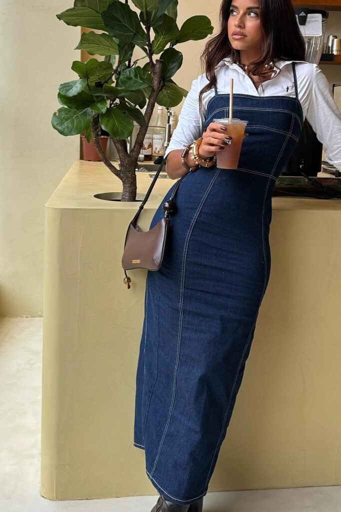 White Button-Down Shirt + Dark Denim Pinafore/Maxi Dress