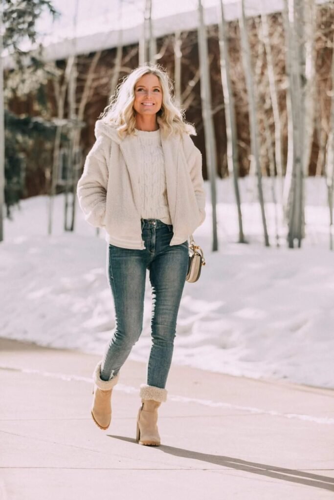 White Cable Knit Sweater + Cream Shearling Jacket + Blue Skinny Jeans + Tan Fur Trimmed Boots