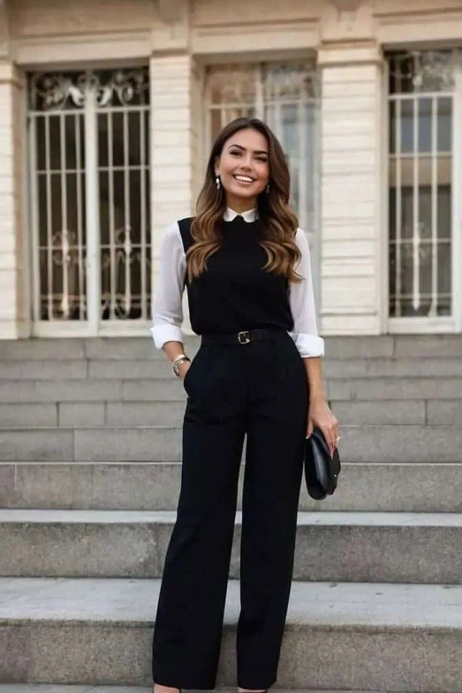 White Collared Shirt + Black Sleeveless Knit Vest + Black Wide-Leg Trousers