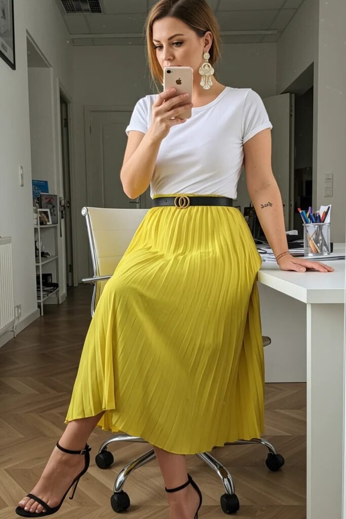 White Crewneck T-Shirt + Yellow Pleated Maxi Skirt + Black Strappy Heeled Sandals