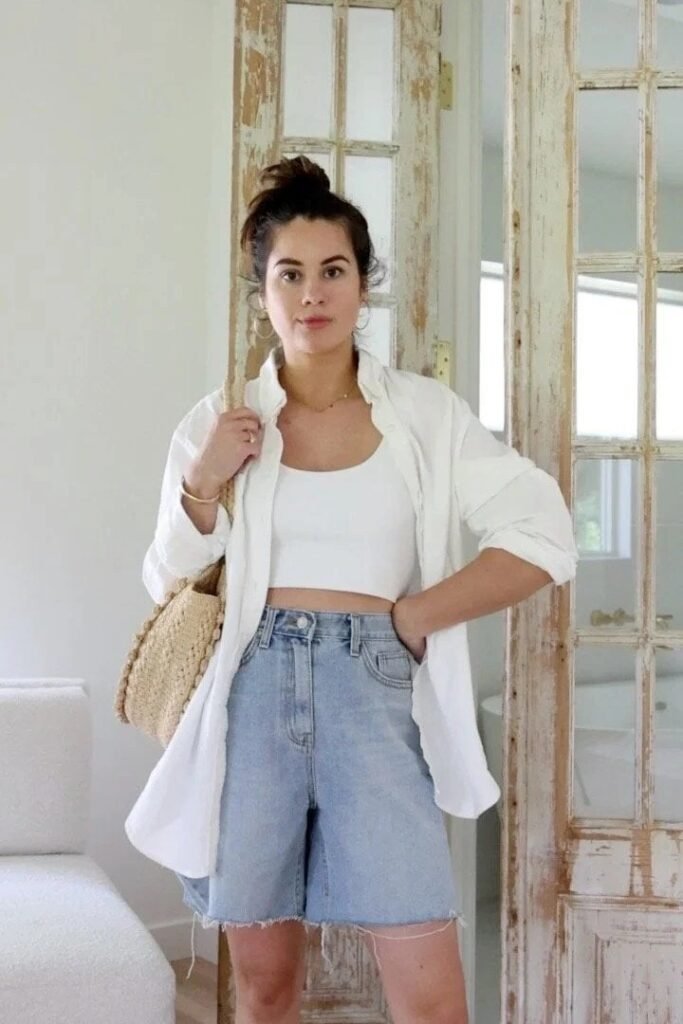 White Crop Top + Oversized White Button-Down Shirt + Light Wash Denim Cut-Off Shorts