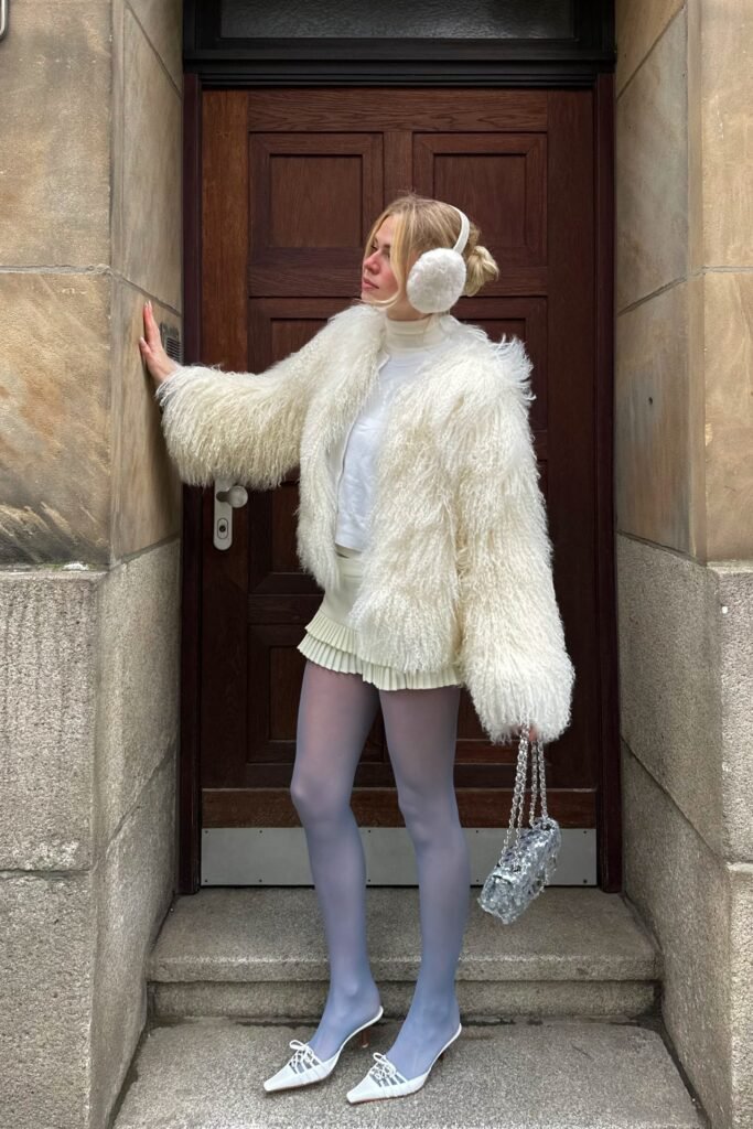 White Faux Fur Jacket + White Pleated Mini Skirt + Blue Tights with White Heels
