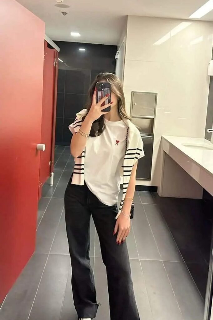 White Heart Graphic T-Shirt + Striped Sweater + Black Wide-Leg Jeans + White Sneakers